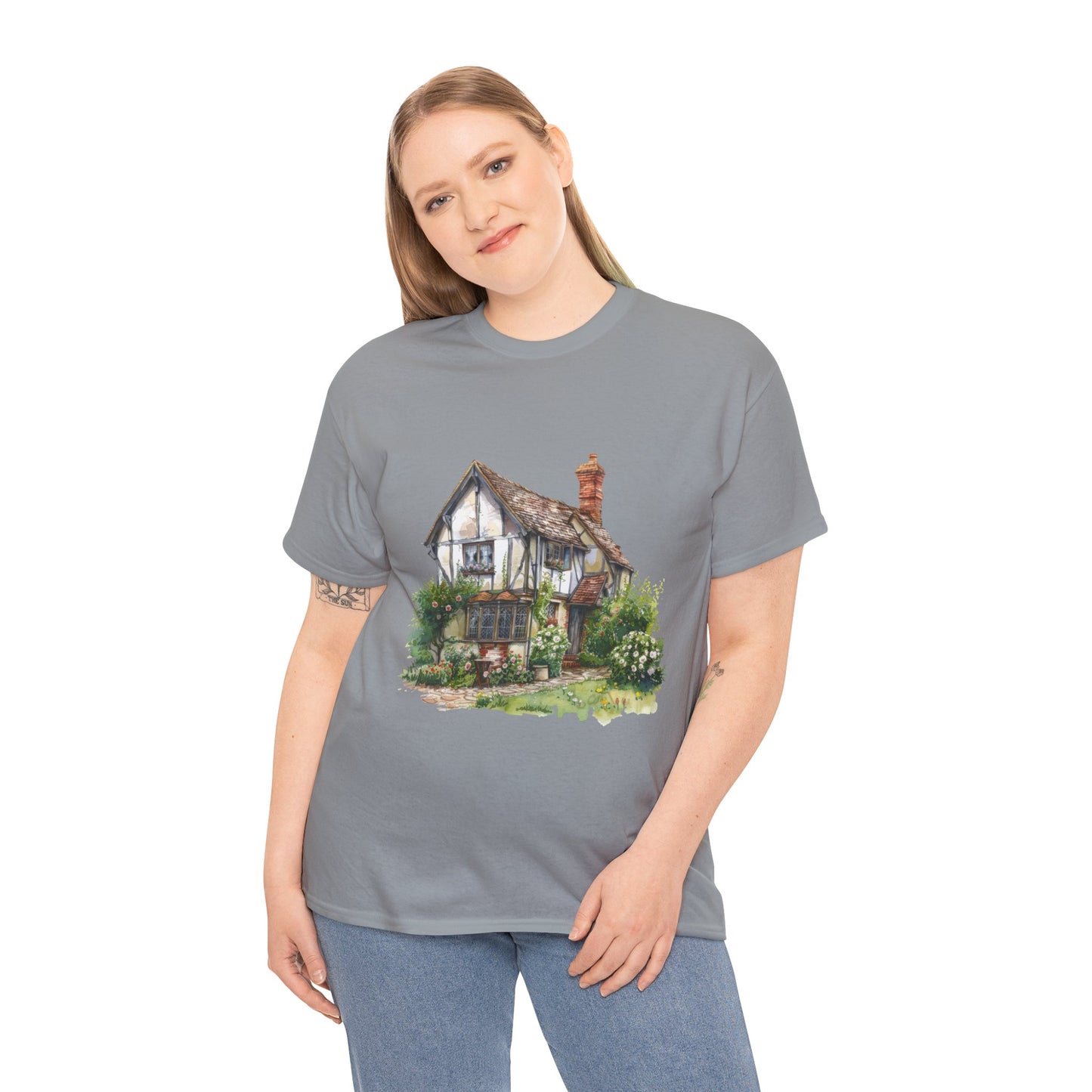 Unisex Heavy Cotton Tee - Countryside Charm - The Classic British Village House