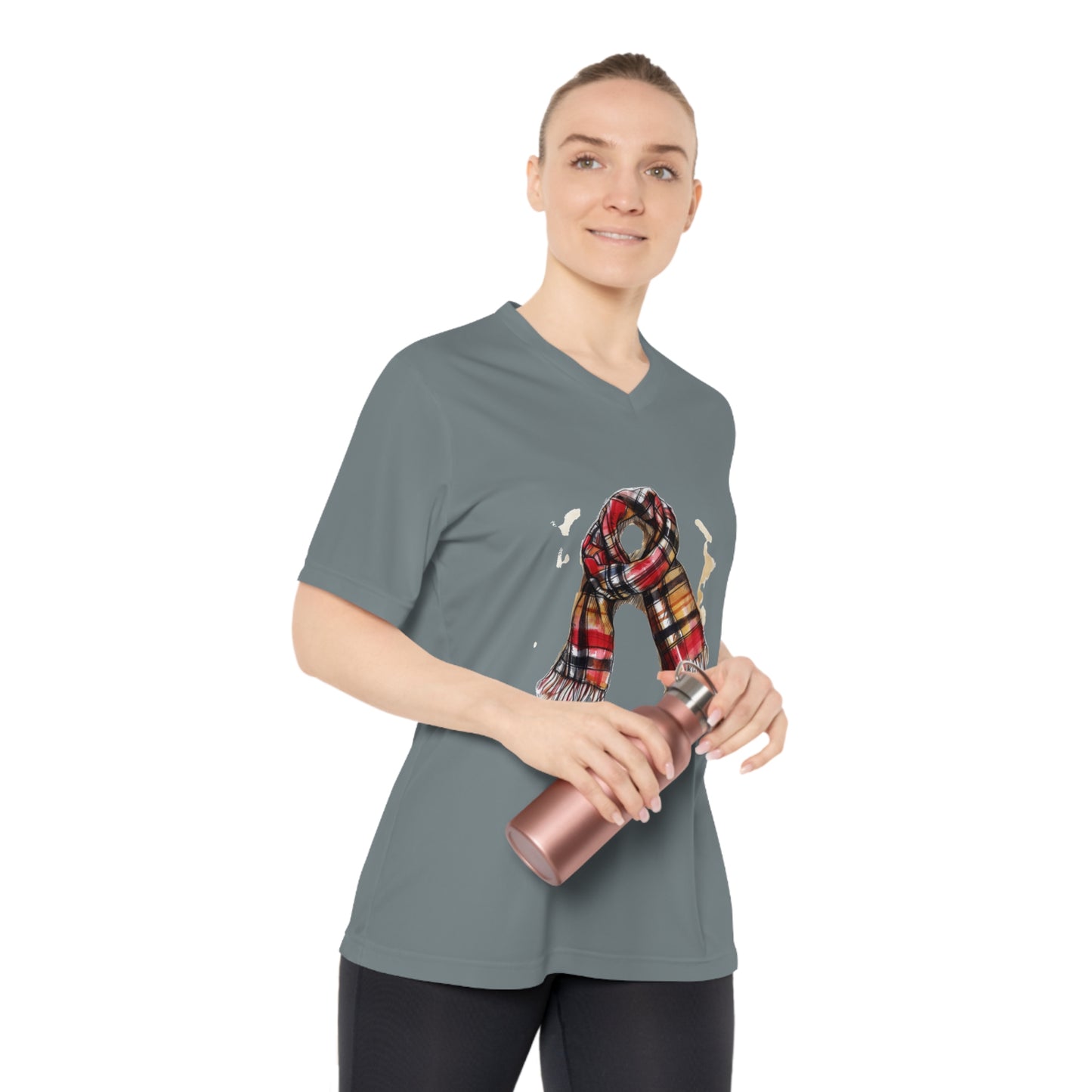 Women's Performance V-Neck T-Shirt - Perfect for Fall & Winter - Cozy Plaid Scarf - Timeless Style and Classic Elegance
