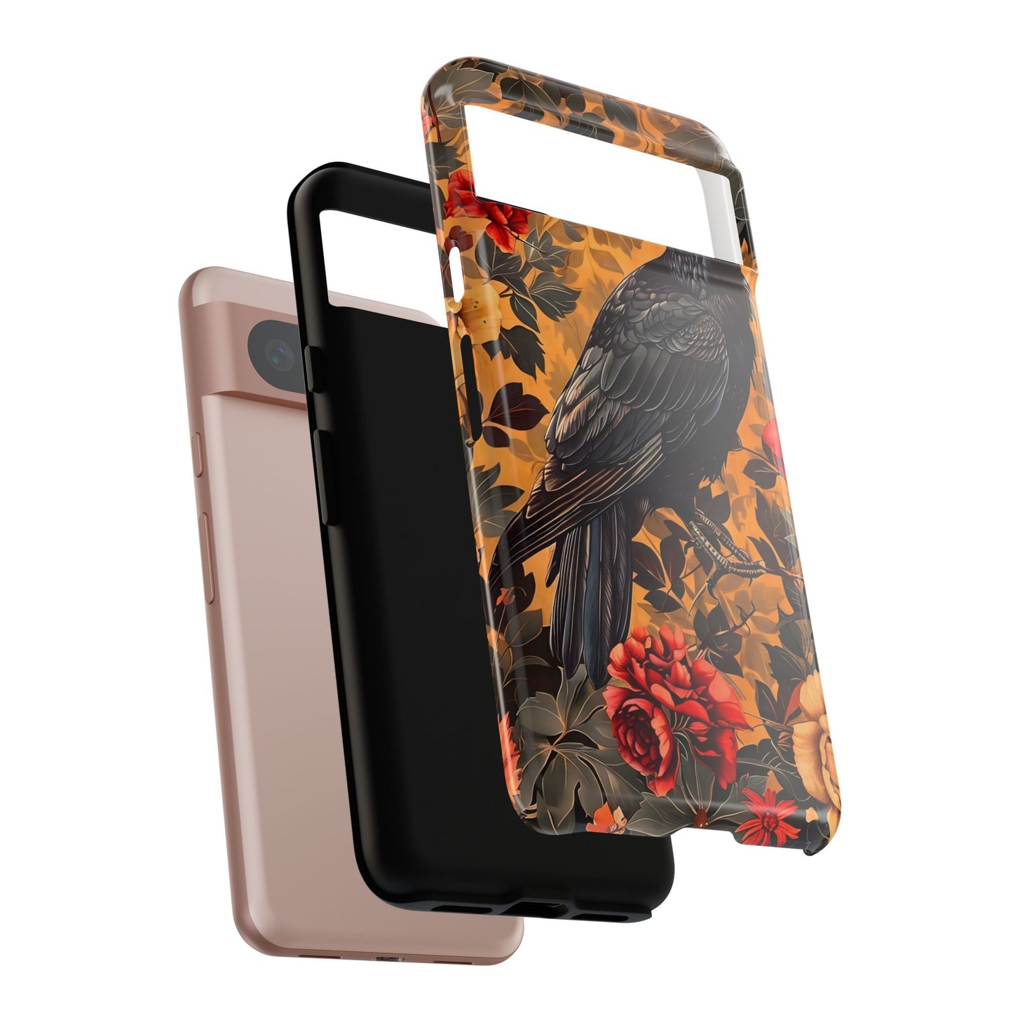 Raven Floral Phone Case - Tough Cases, Blackbird Decor, Gift for Nature Lovers, Bird Themed Accessories, Unique Phone Cover