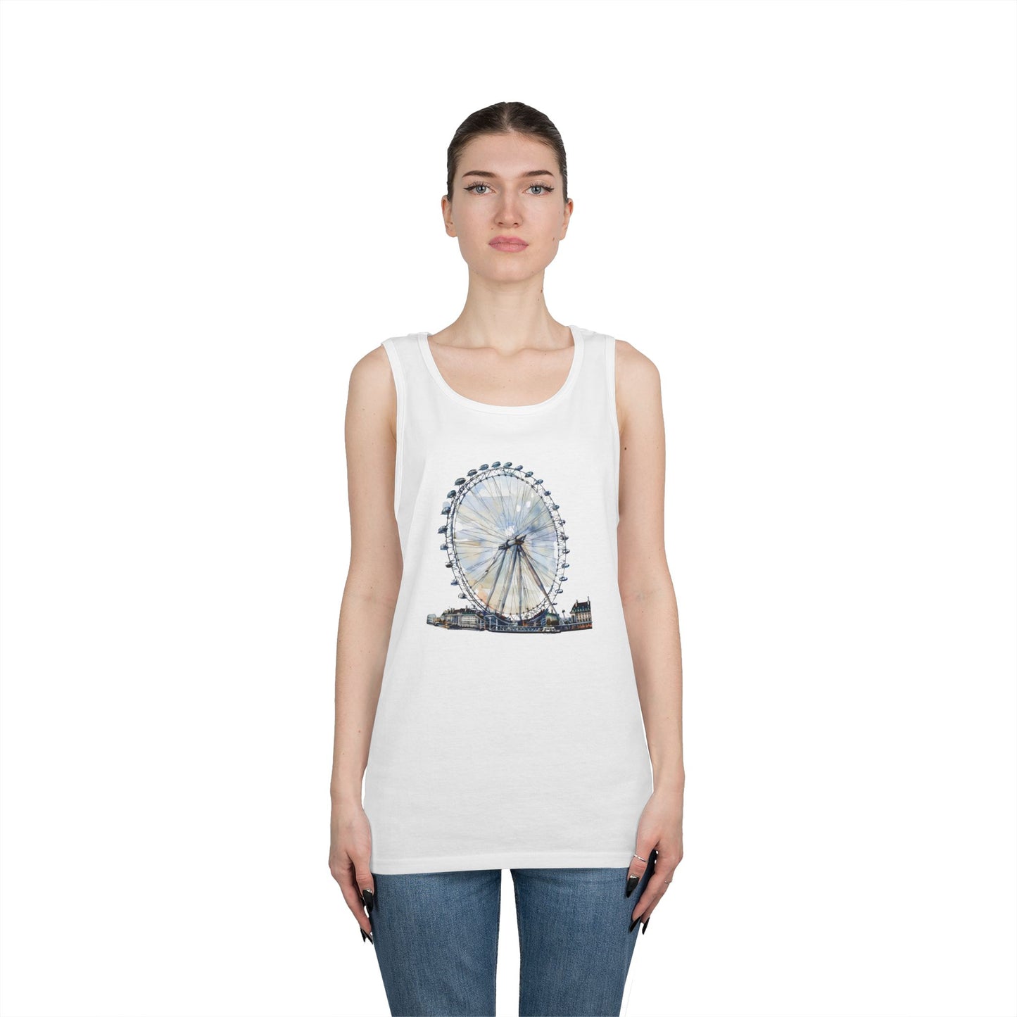 Unisex Heavy Cotton Tank Top - London Eye - Iconic Ferris Wheel Watercolor Art