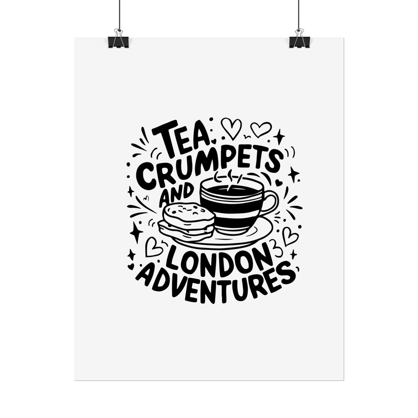 London Adventure Tea Crumpet Rolled Poster, Cute Wall Art, Gift for Tea Lovers, Home Decor, Travel Enthusiasts