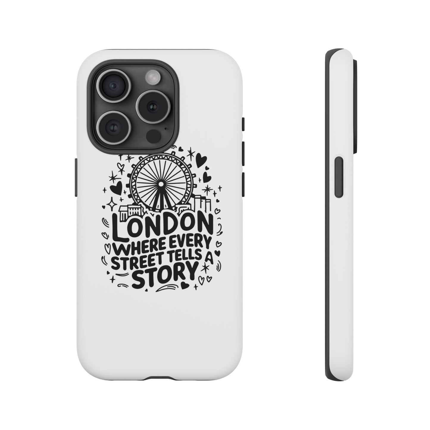 London Story Phone Case, Tough iPhone Cover, Gift for Travelers, London Souvenir, Black Typography Design