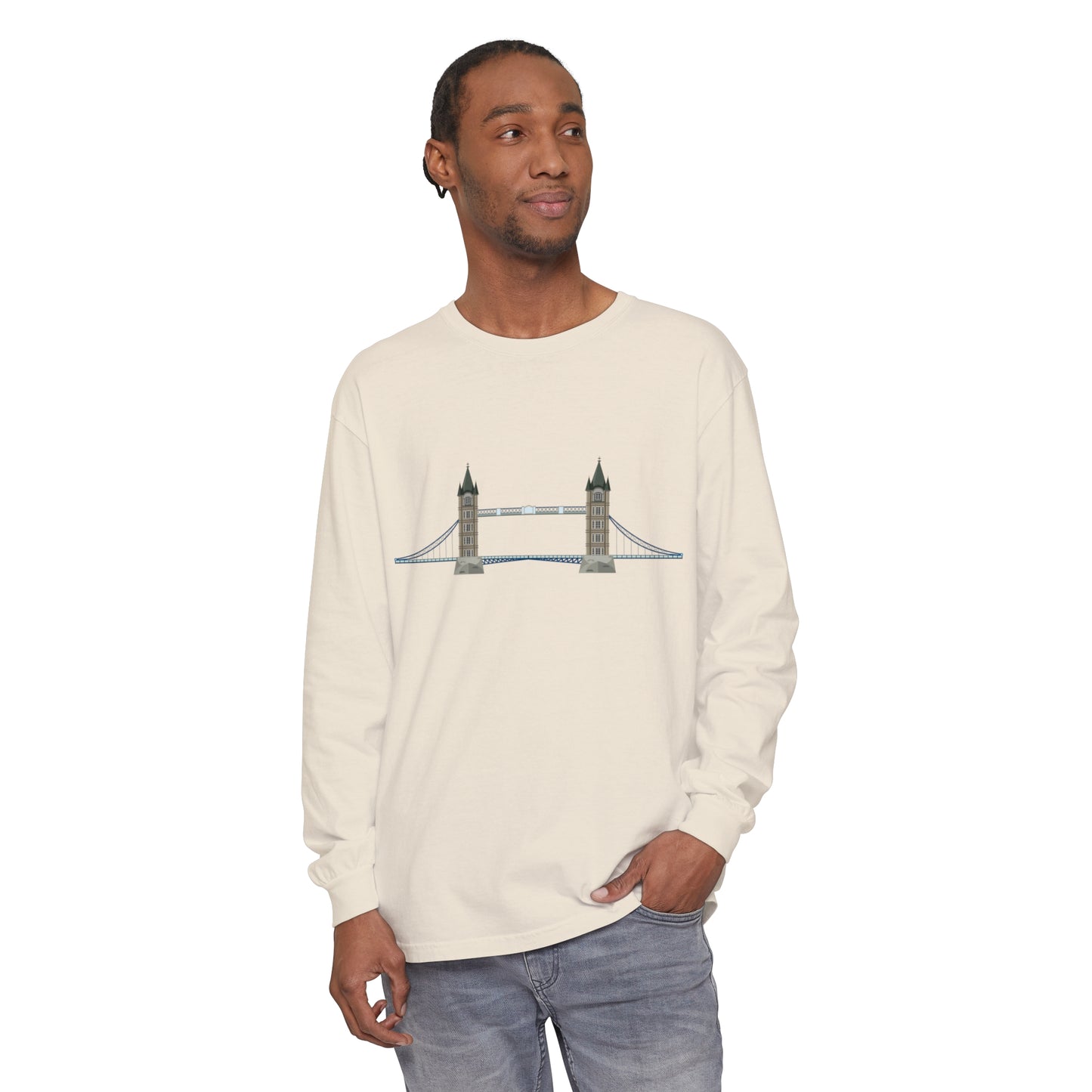Unisex Garment-dyed Long Sleeve T-Shirt - Tower Bridge - Iconic London Landmark