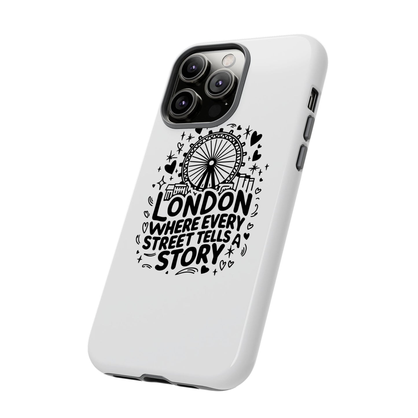 London Story Phone Case, Tough iPhone Cover, Gift for Travelers, London Souvenir, Black Typography Design