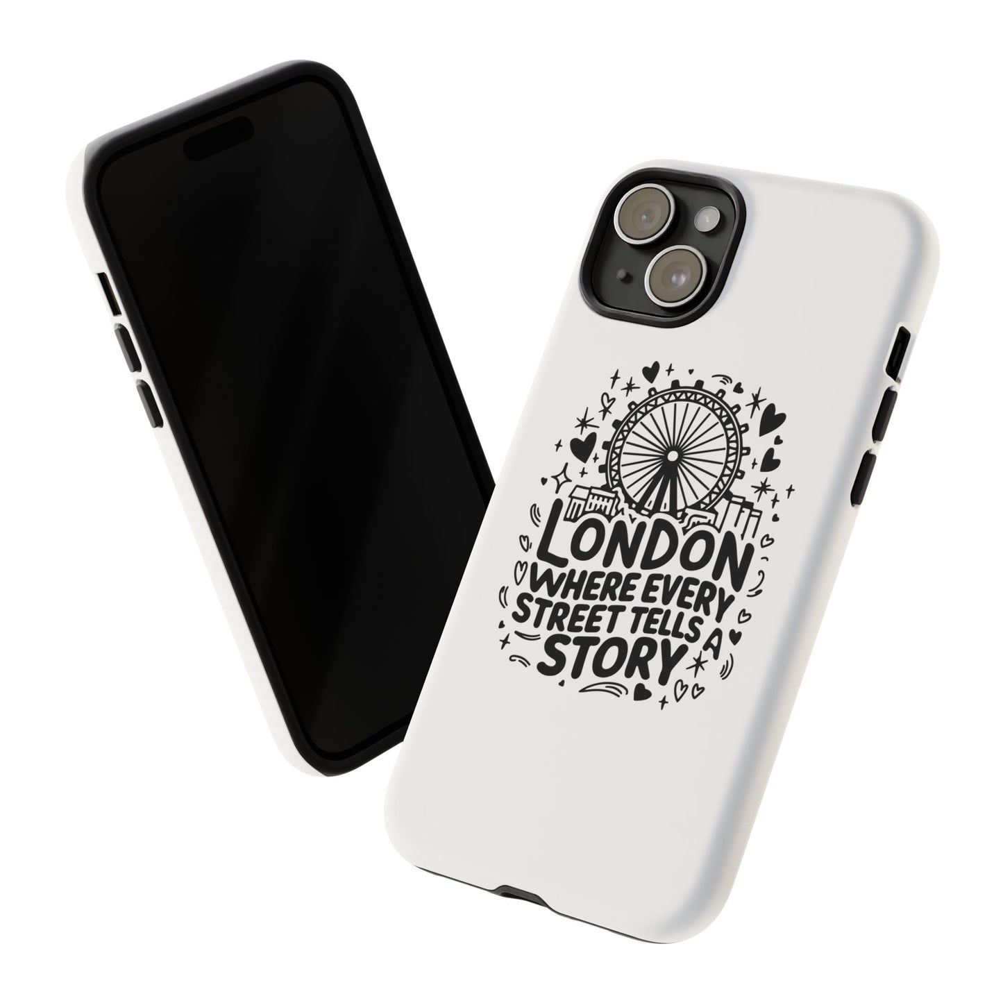 London Story Phone Case, Tough iPhone Cover, Gift for Travelers, London Souvenir, Black Typography Design