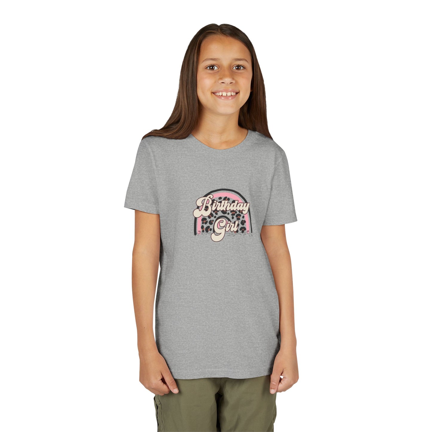 Youth Short Sleeve Tee - Birthday Girl Leopard Print Rainbow Clipart- T-Shirt for Celebrating Special Days