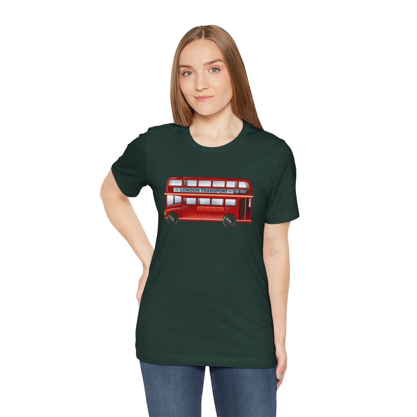 Unisex Jersey Short Sleeve Tee - London Transport English Bus - Iconic Red Double-Decker