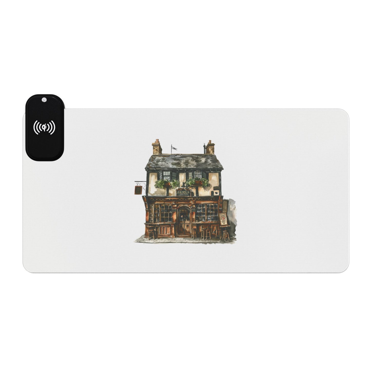 British Pub Exterior – Cozy Local Spot - LED Gaming Mouse Pad with Wireless Charging Station, Gamer Essentials, Desk Accessories, Tech Gifts, Modern Workspace
