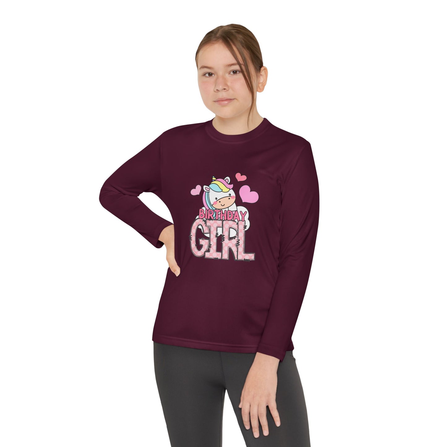 Youth Long Sleeve Competitor Tee - Stylish Leopard Birthday Girl Rainbow Graphic