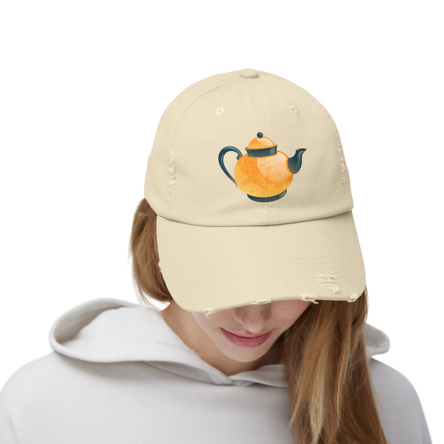 Whimsical Teapot Cap for Tea Lovers, Distressed Unisex Hat, Gift for Homebodies, Casual Accessory, Perfect for Tea Parties