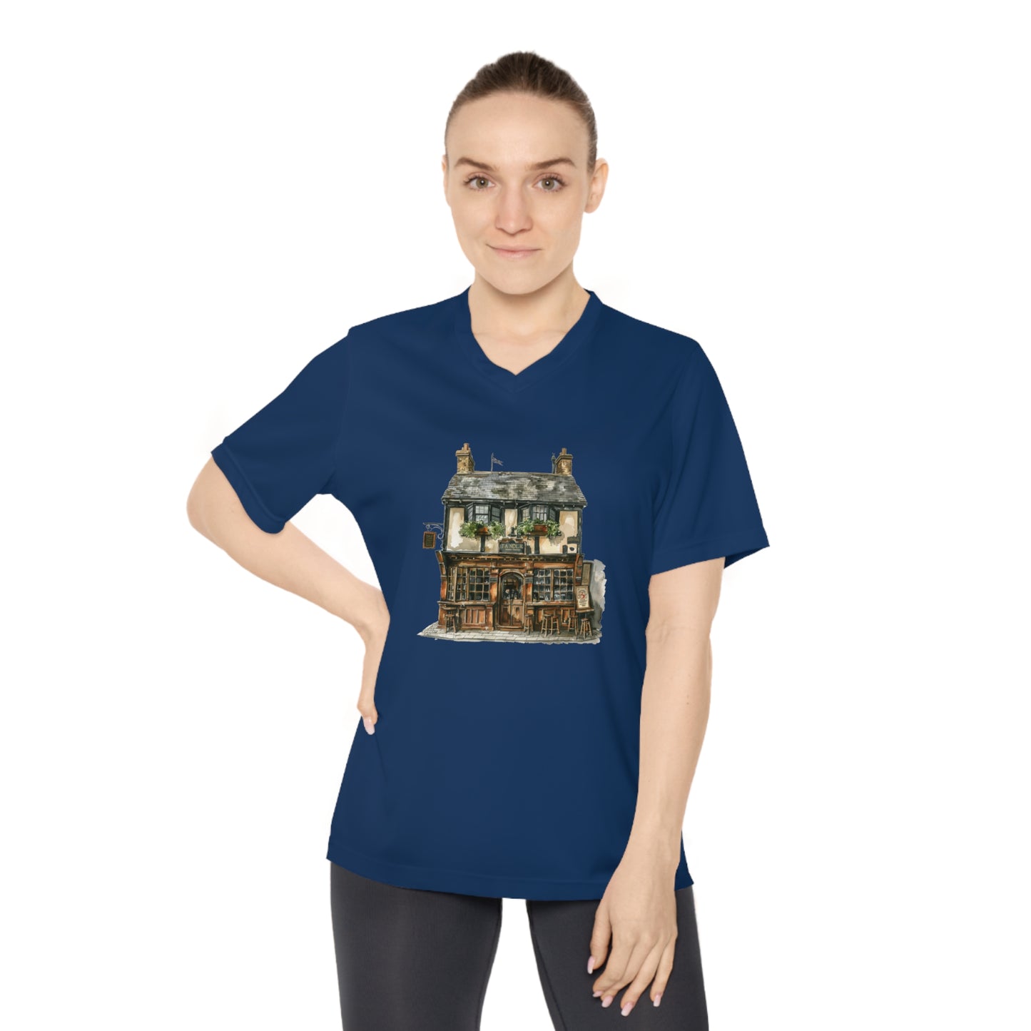 Women's Performance V-Neck T-Shirt - Charming English Cottage Illustration Print