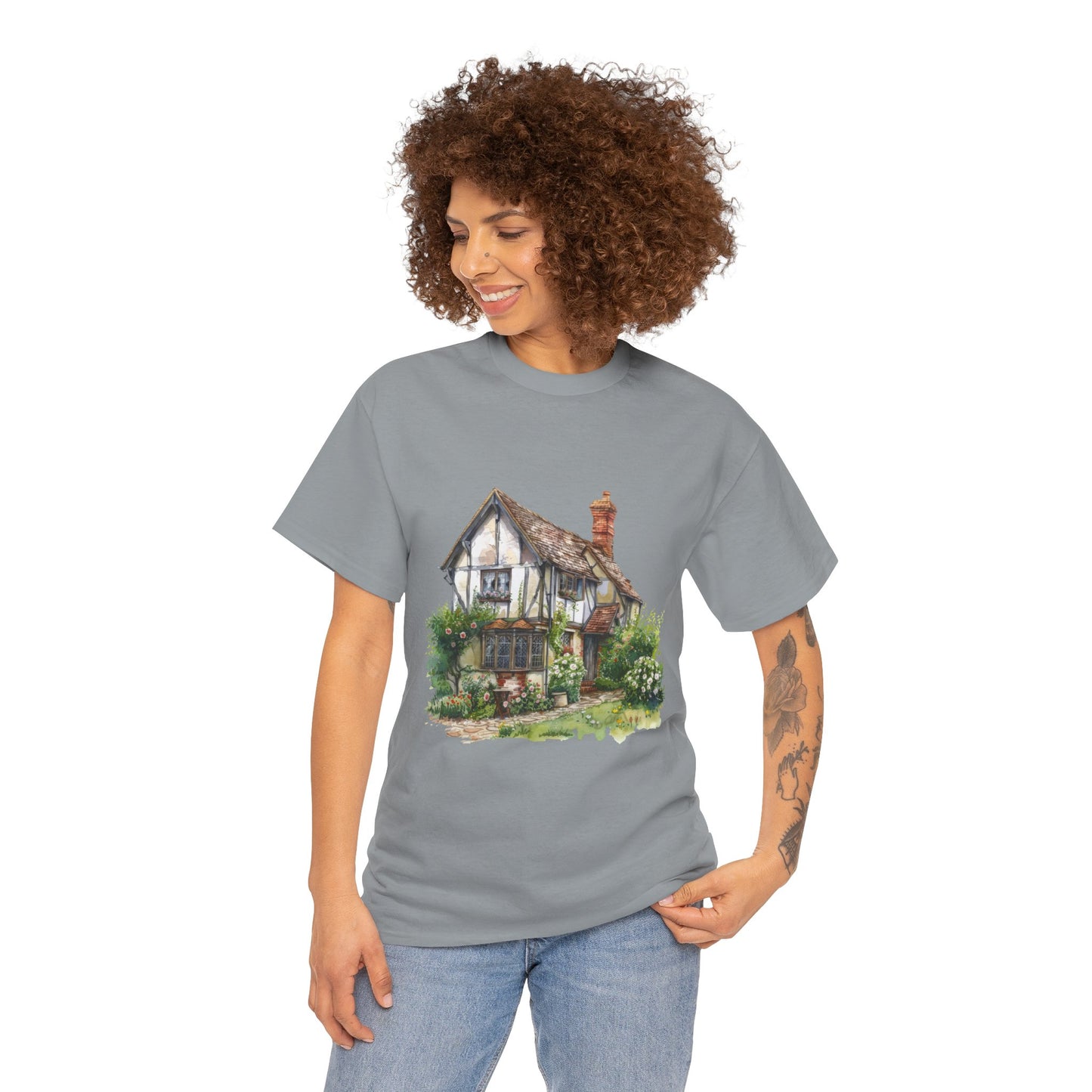 Unisex Heavy Cotton Tee - Countryside Charm - The Classic British Village House