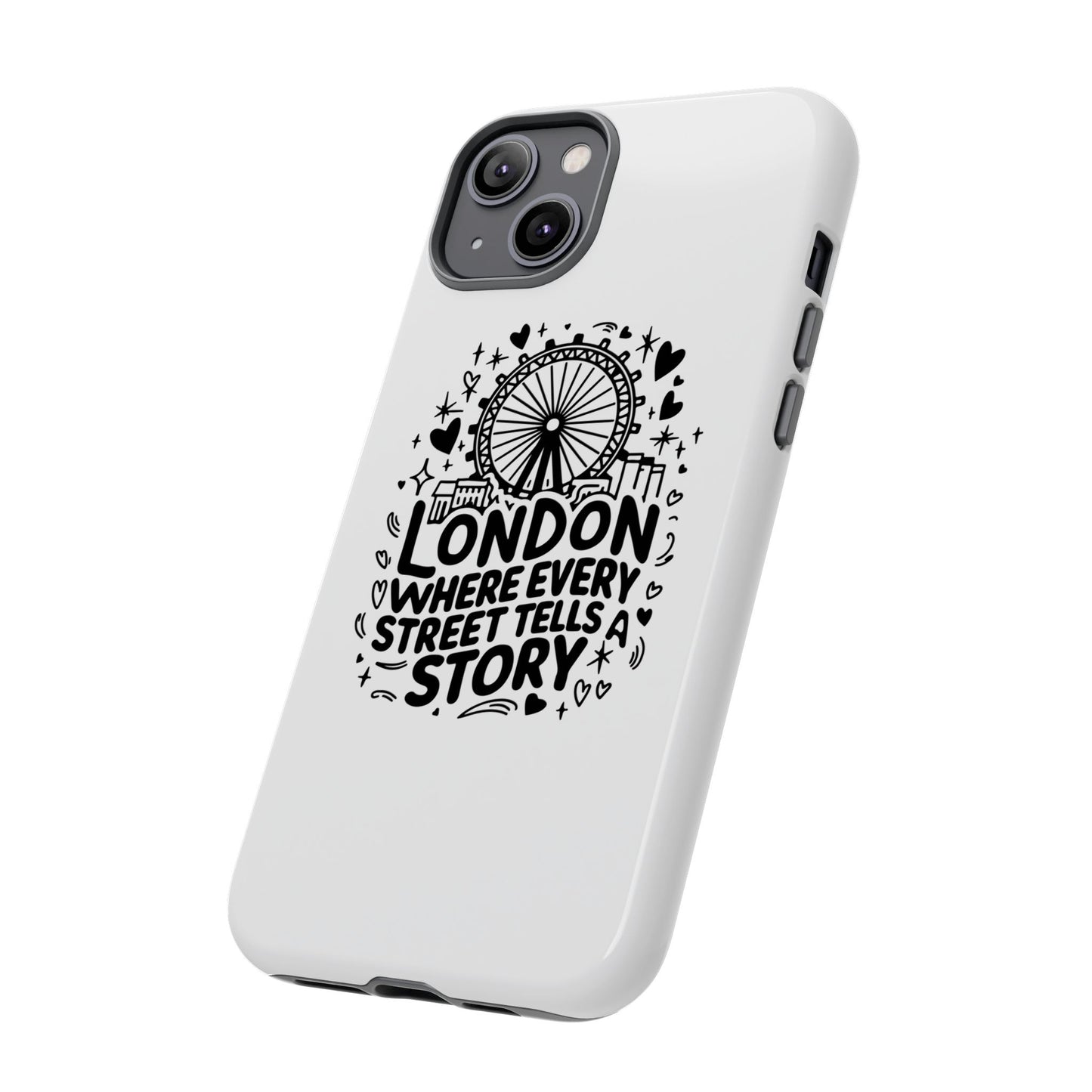 London Story Phone Case, Tough iPhone Cover, Gift for Travelers, London Souvenir, Black Typography Design