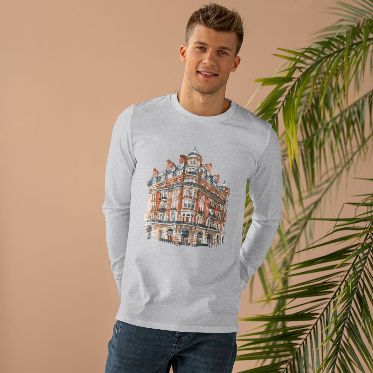 Men’s Base Longsleeve Tee - British Vintage Building - Architectural Charm and Classic Appeal