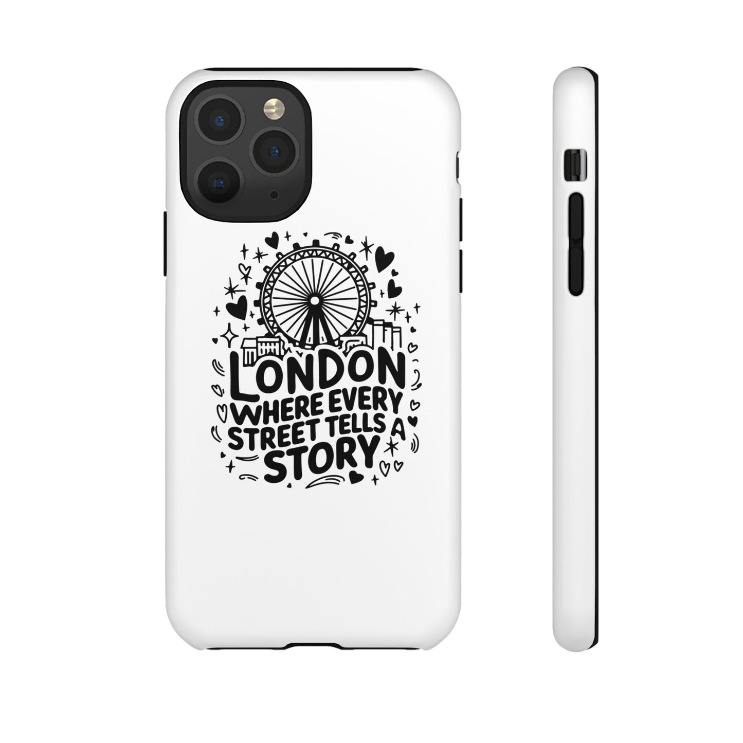 London Story Phone Case, Tough iPhone Cover, Gift for Travelers, London Souvenir, Black Typography Design