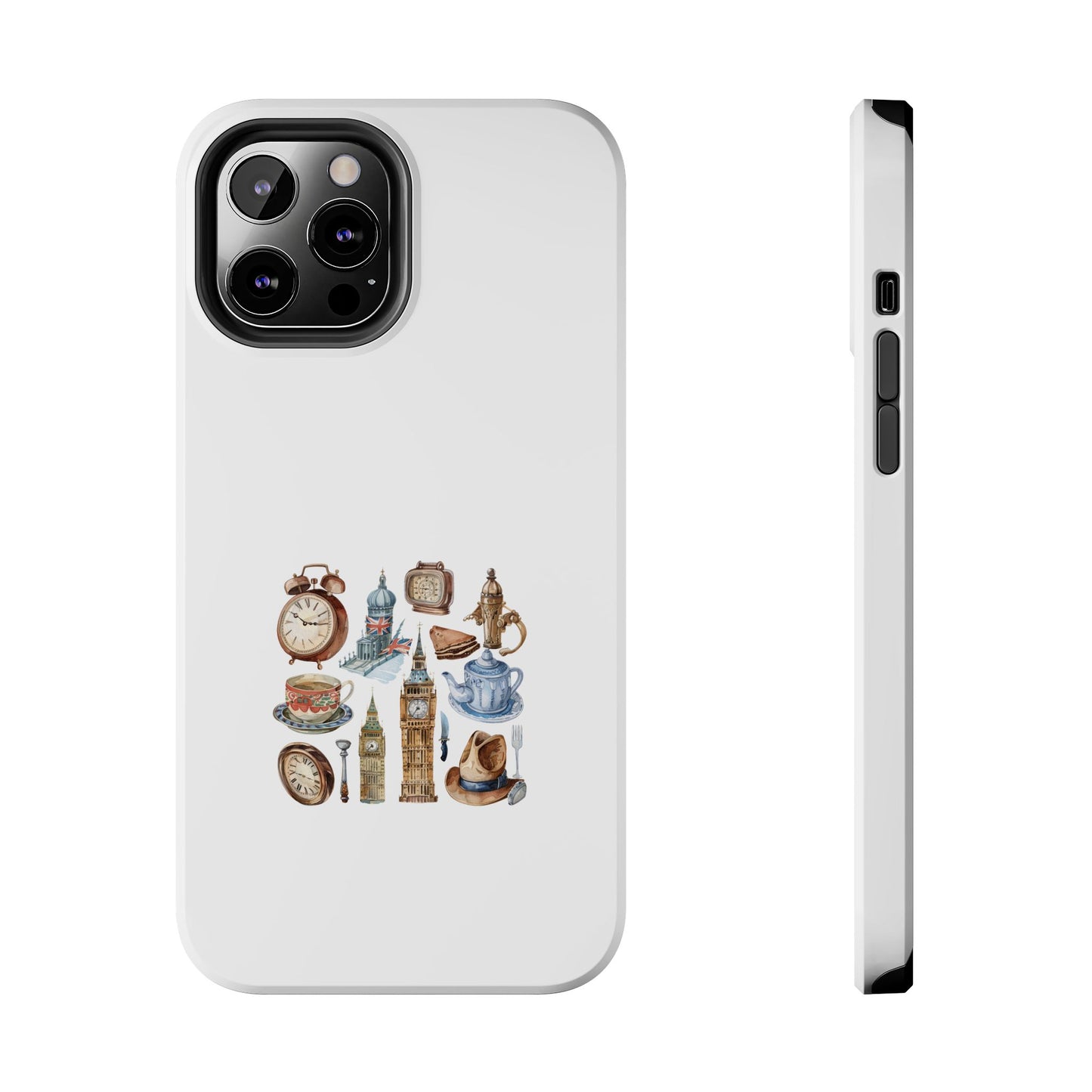 London-Themed Tough Phone Case | Vintage Clock & Tea Design