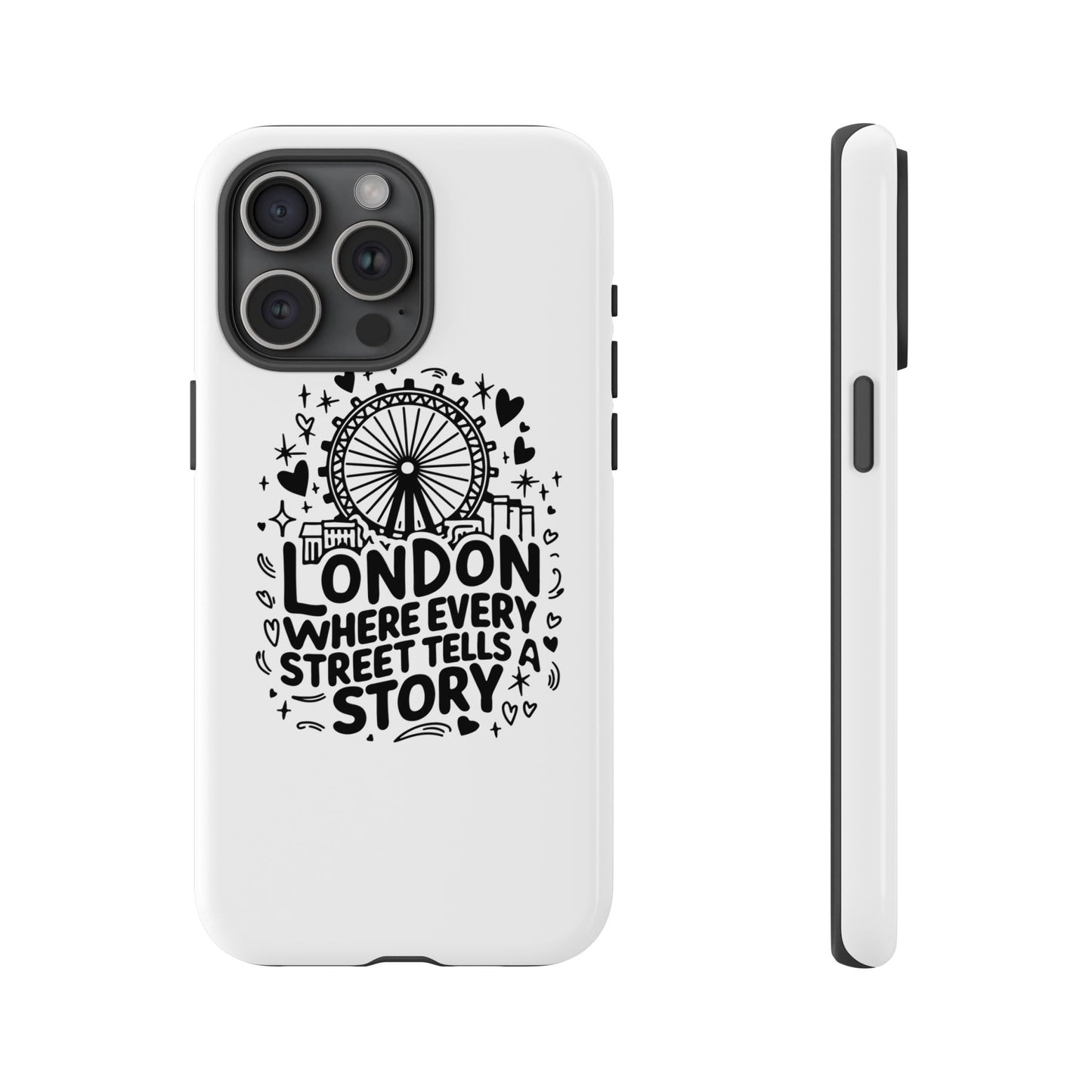 London Story Phone Case, Tough iPhone Cover, Gift for Travelers, London Souvenir, Black Typography Design