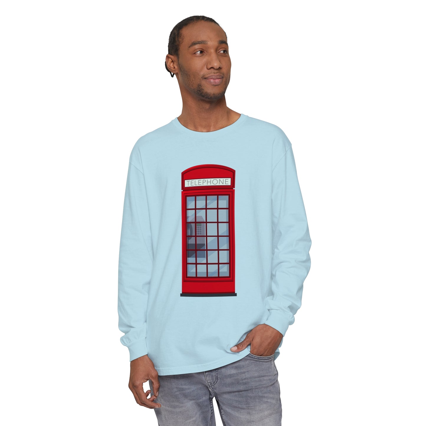 Unisex Garment-dyed Long Sleeve T-Shirt - Iconic British Public Telephone - Classic Red Phone Box