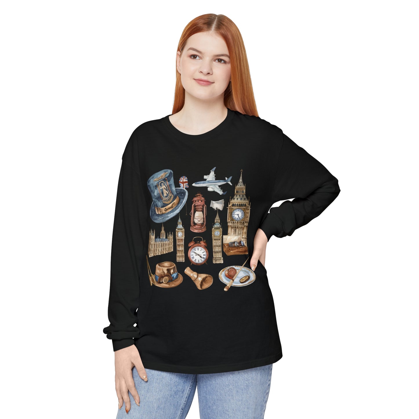 Unisex Garment-dyed Long Sleeve T-Shirt - A Collection of Iconic UK Imagery