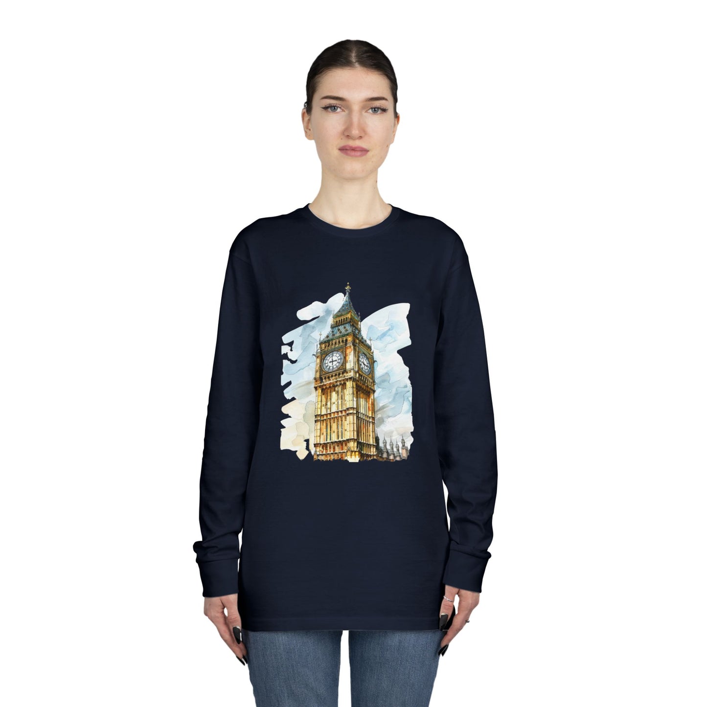 Long Sleeve Crewneck Tee - Towering Time - Big Ben and British Heritage