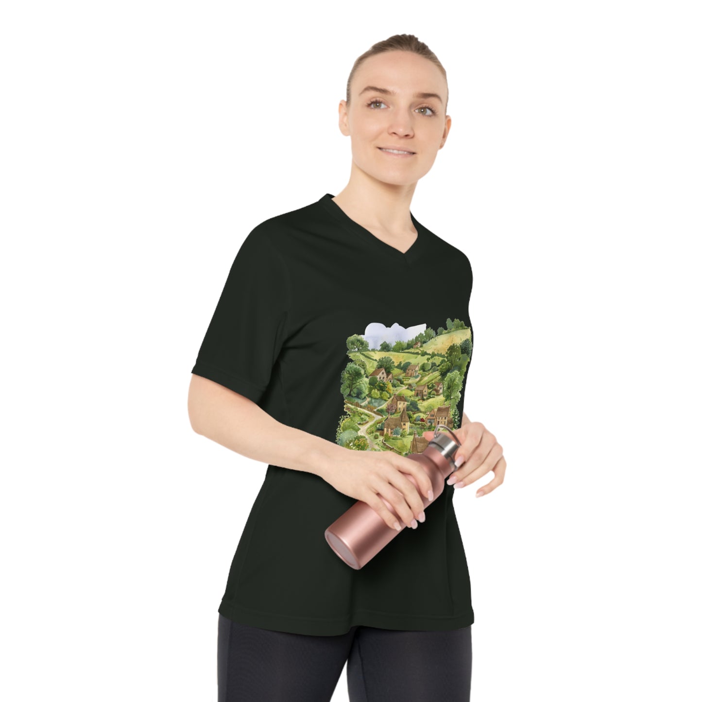 Women's Performance V-Neck T-Shirt - Cozy Countryside Design for Nature Lovers