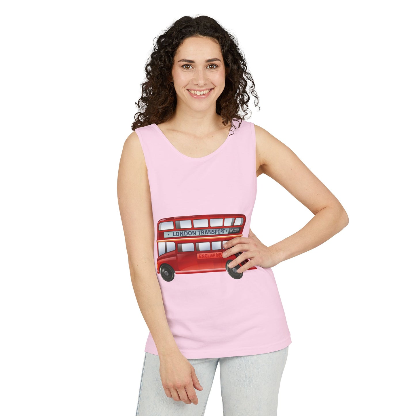 Unisex Garment-Dyed Tank Top - Vintage British Double-Decker Bus Art Print