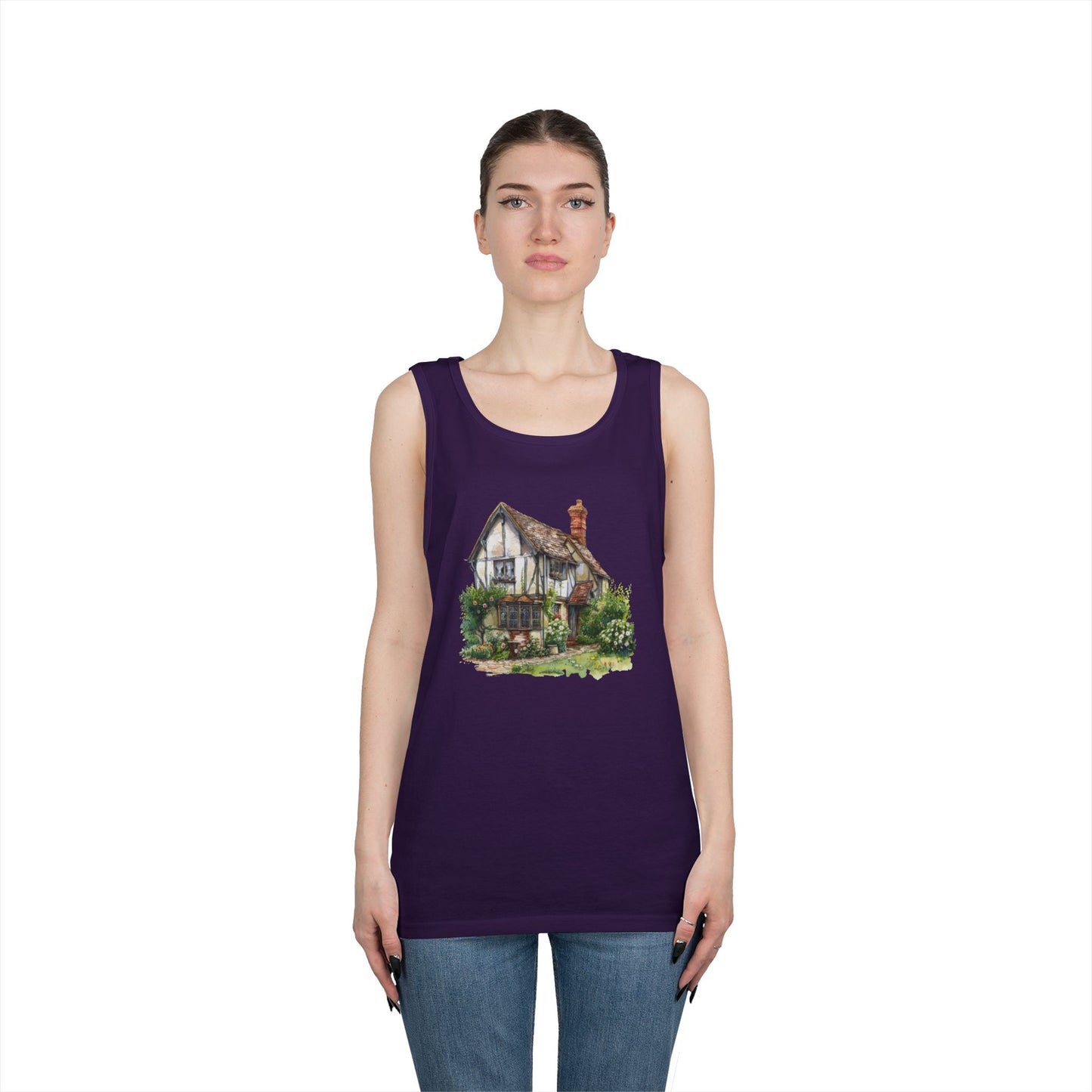 Unisex Heavy Cotton Tank Top - Charming English Cottage Illustration Print
