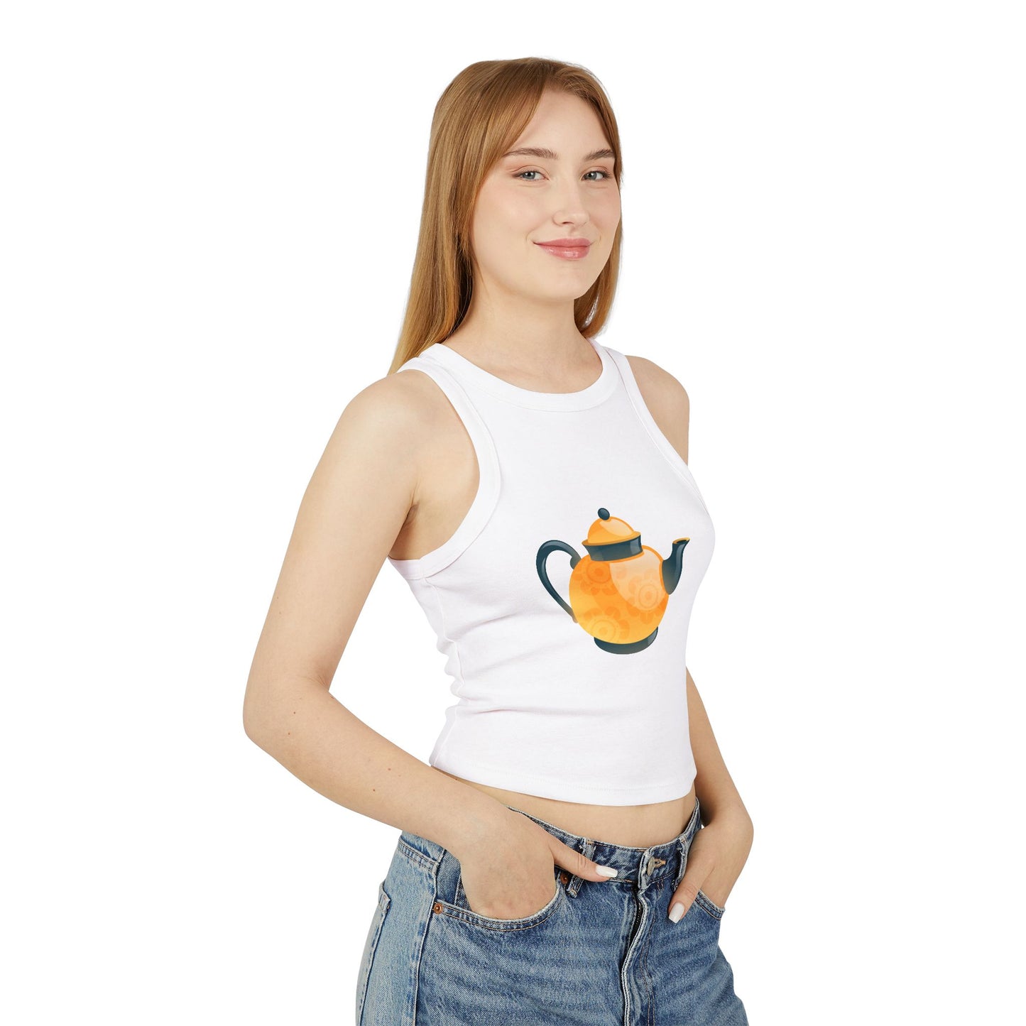 Women's Micro Rib Racer Tank Top - Classic British Tea Kettle - Timeless Elegance in Tea Time