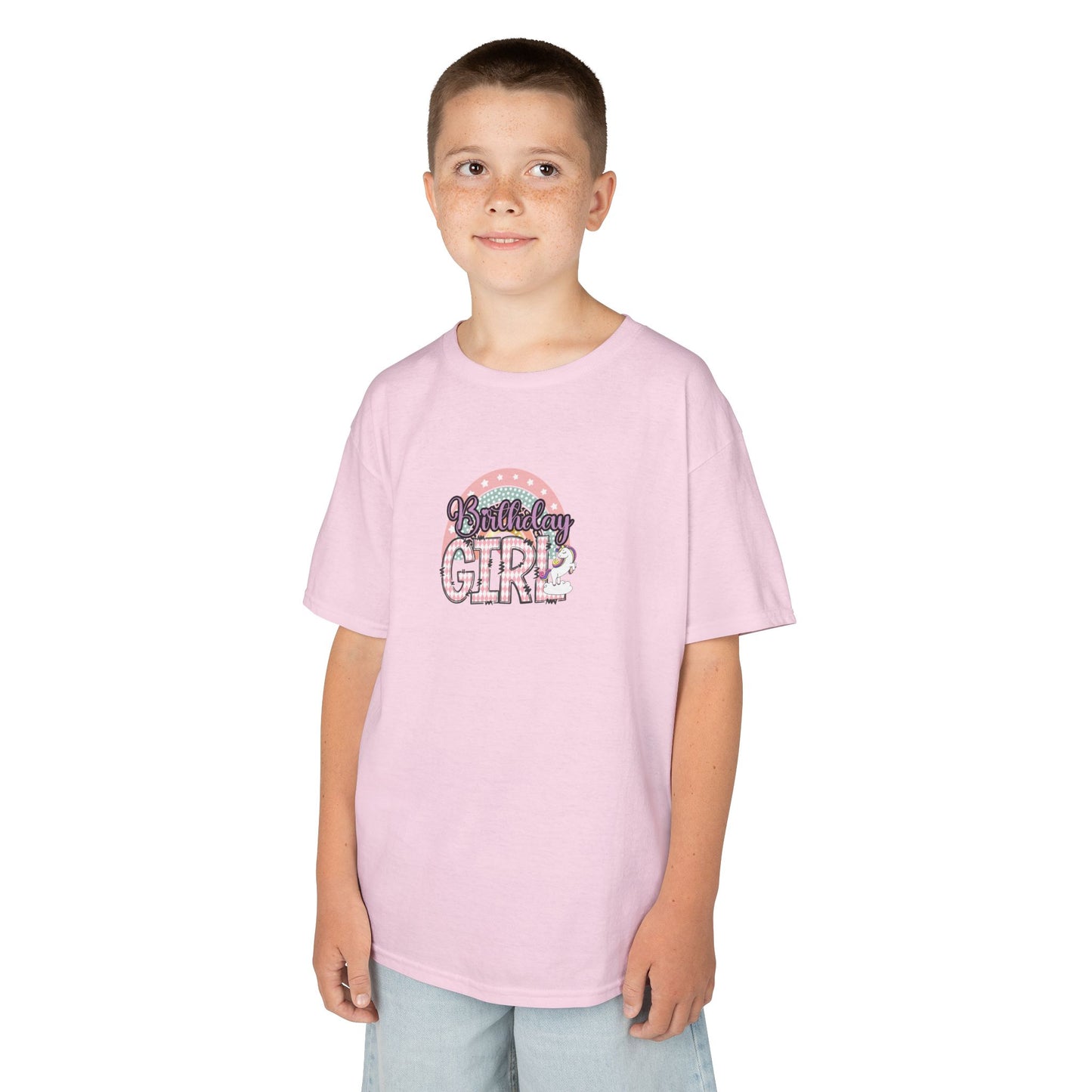 Kids Heavy Cotton Tee - Stylish Birthday Girl Rainbow Clipart PNG - Fun Celebration Shirt for Birthday Parties