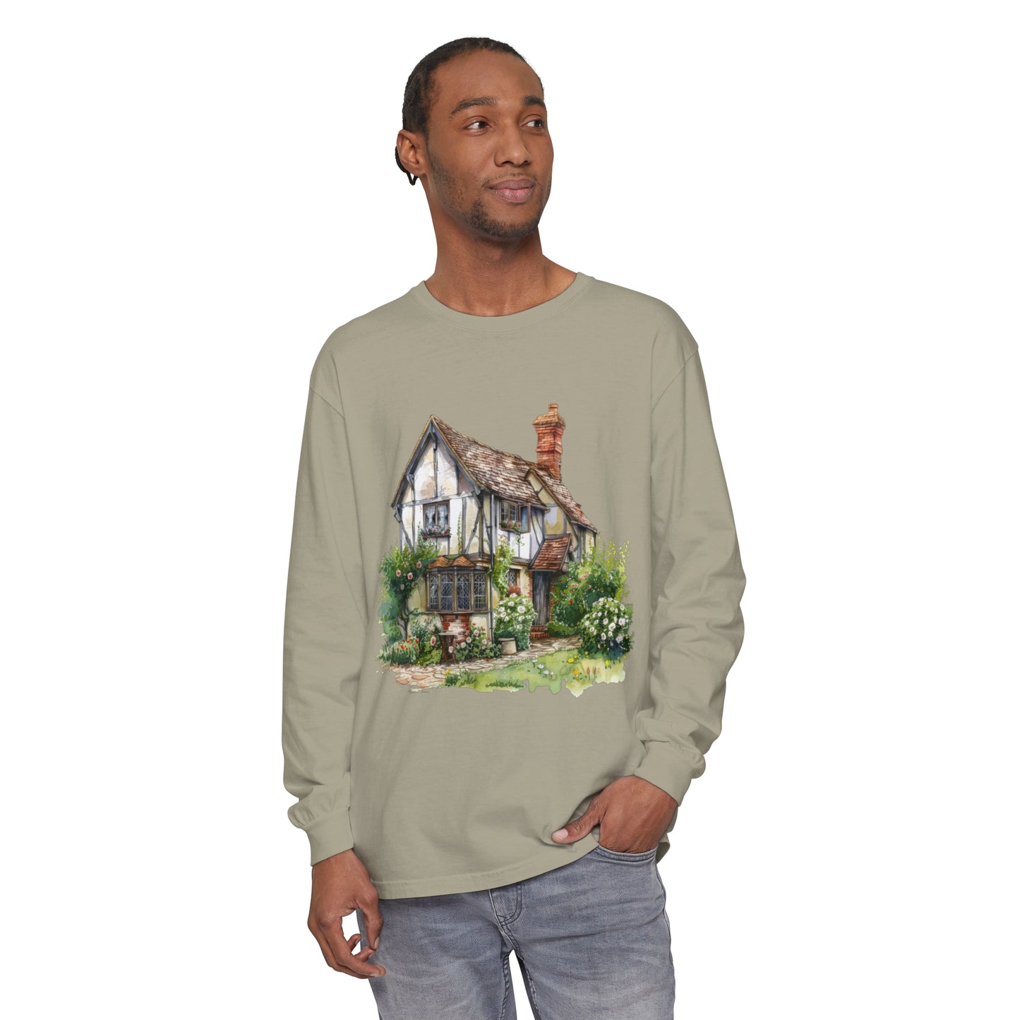 Unisex Garment-dyed Long Sleeve T-Shirt - Charming British House - Classic Design and Warmth
