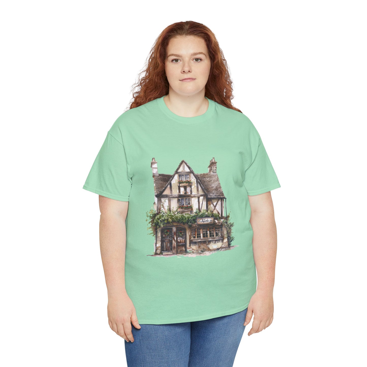 Unisex Heavy Cotton Tee - Cottages & Cobblestones - A British Village Dream