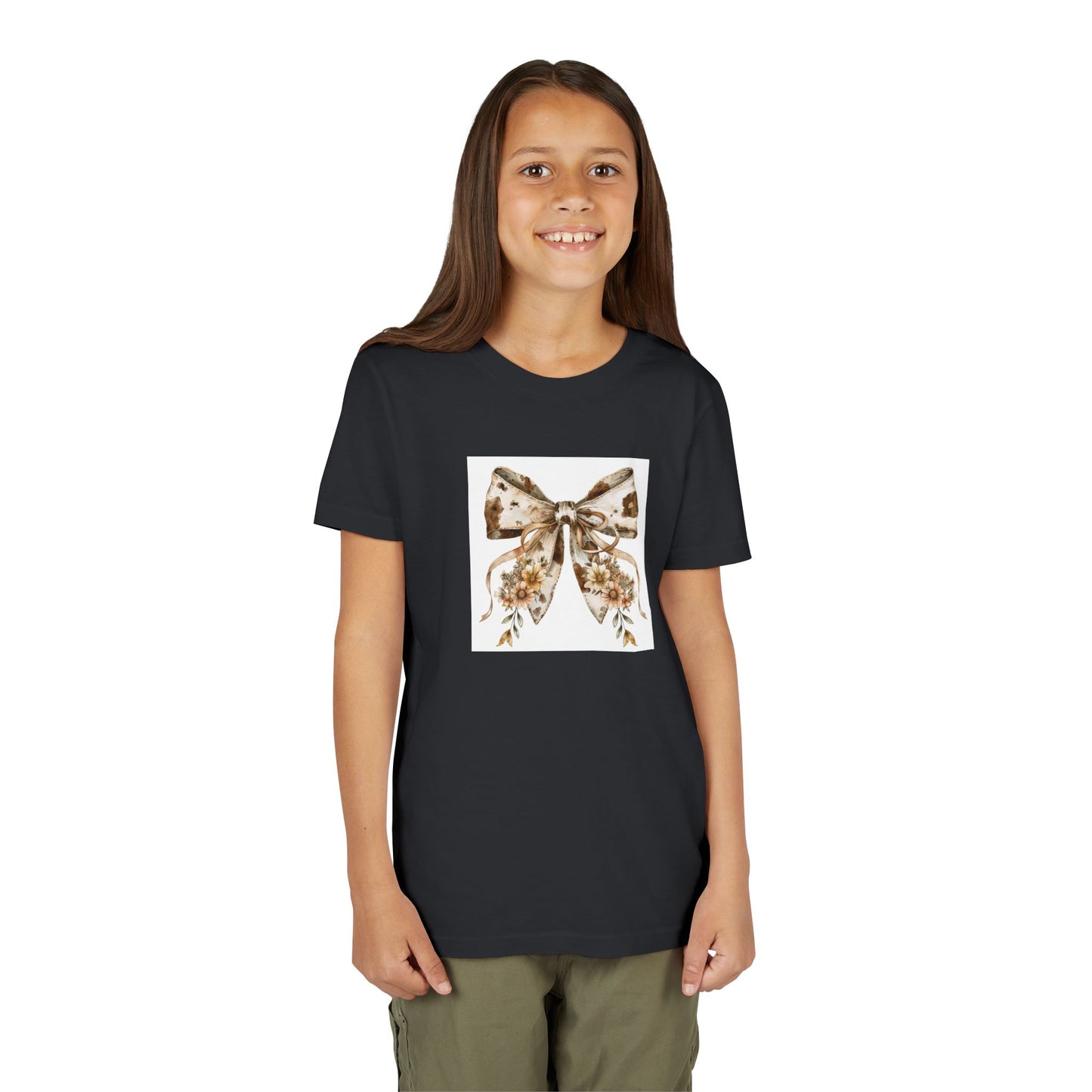 Youth Short Sleeve Tee - Boho Western Bow with Flowers and Cow Pattern - Cute & Comfortable for Everyday Wear