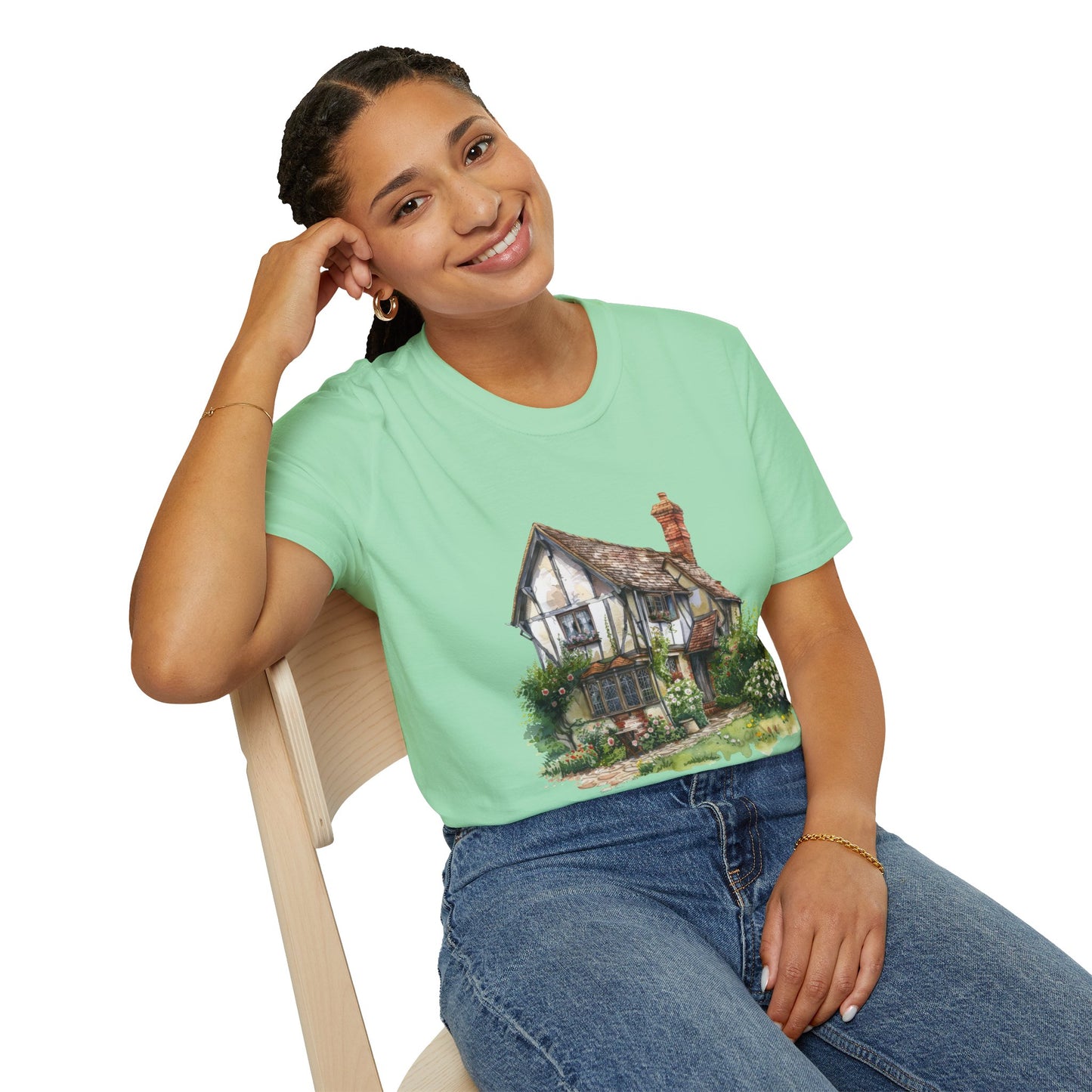 Unisex Softstyle T-Shirt - Rustic Retreat - The Quintessential British Village House