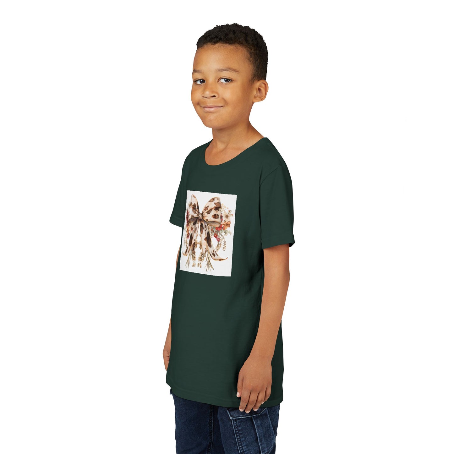 Youth Short Sleeve Tee - Western Floral Bow with Cow Pattern Aesthetic - Cute & Stylish Kids T-Shirt