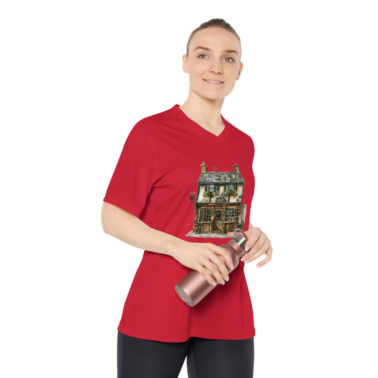 Women's Performance V-Neck T-Shirt - Charming English Cottage Illustration Print