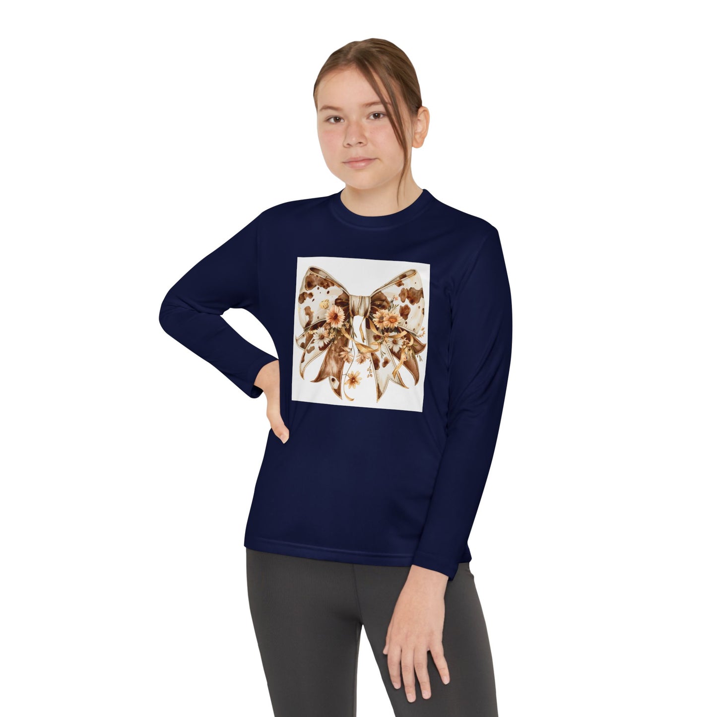 Youth Long Sleeve Tee - Western Cow Print Bow with Floral Accents Clipart - Stylish & Comfortable
