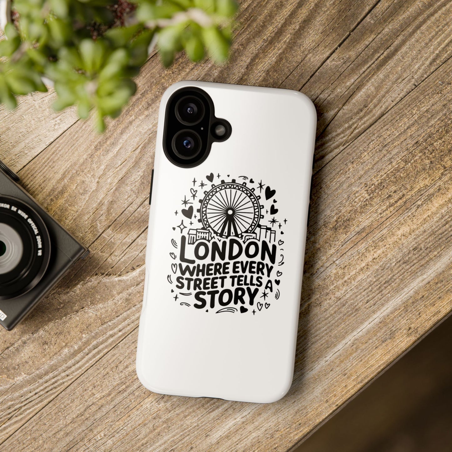 London Story Phone Case, Tough iPhone Cover, Gift for Travelers, London Souvenir, Black Typography Design