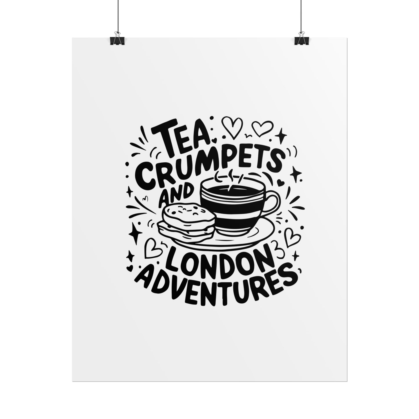 London Adventure Tea Crumpet Rolled Poster, Cute Wall Art, Gift for Tea Lovers, Home Decor, Travel Enthusiasts