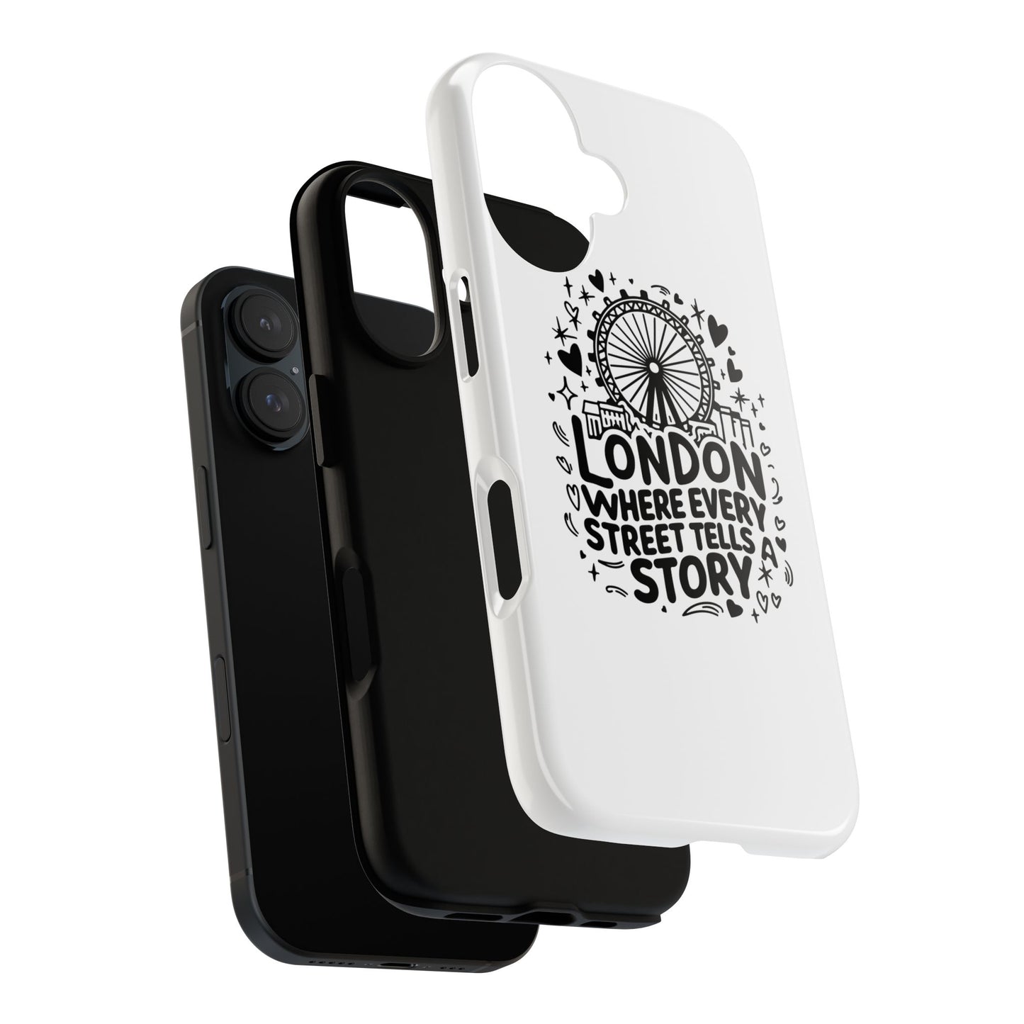 London Story Phone Case, Tough iPhone Cover, Gift for Travelers, London Souvenir, Black Typography Design
