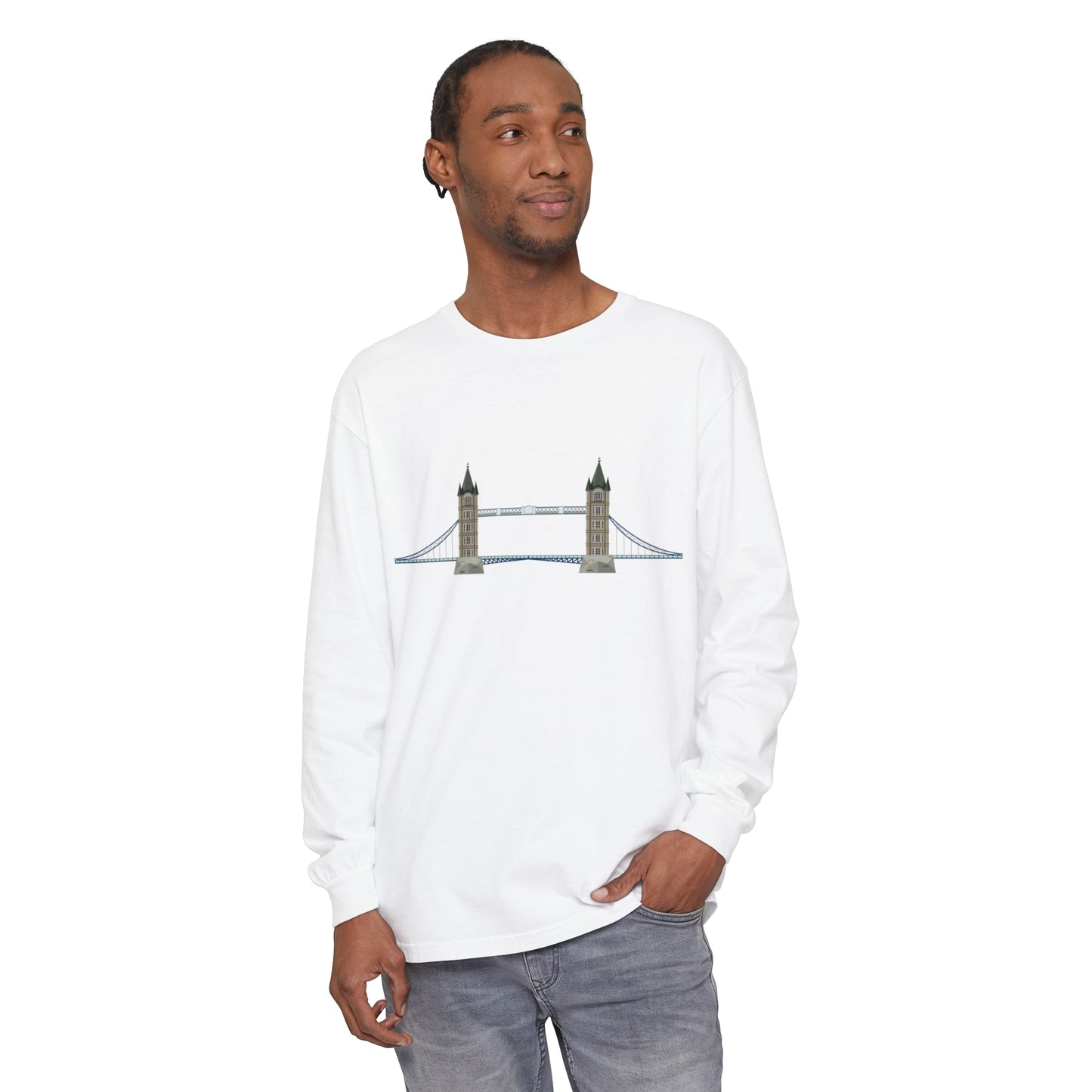 Unisex Garment-dyed Long Sleeve T-Shirt - Tower Bridge - Iconic London Landmark