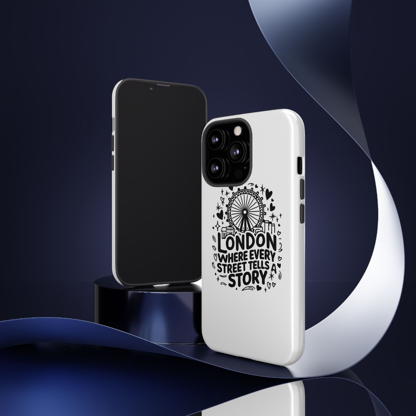 London Story Phone Case, Tough iPhone Cover, Gift for Travelers, London Souvenir, Black Typography Design