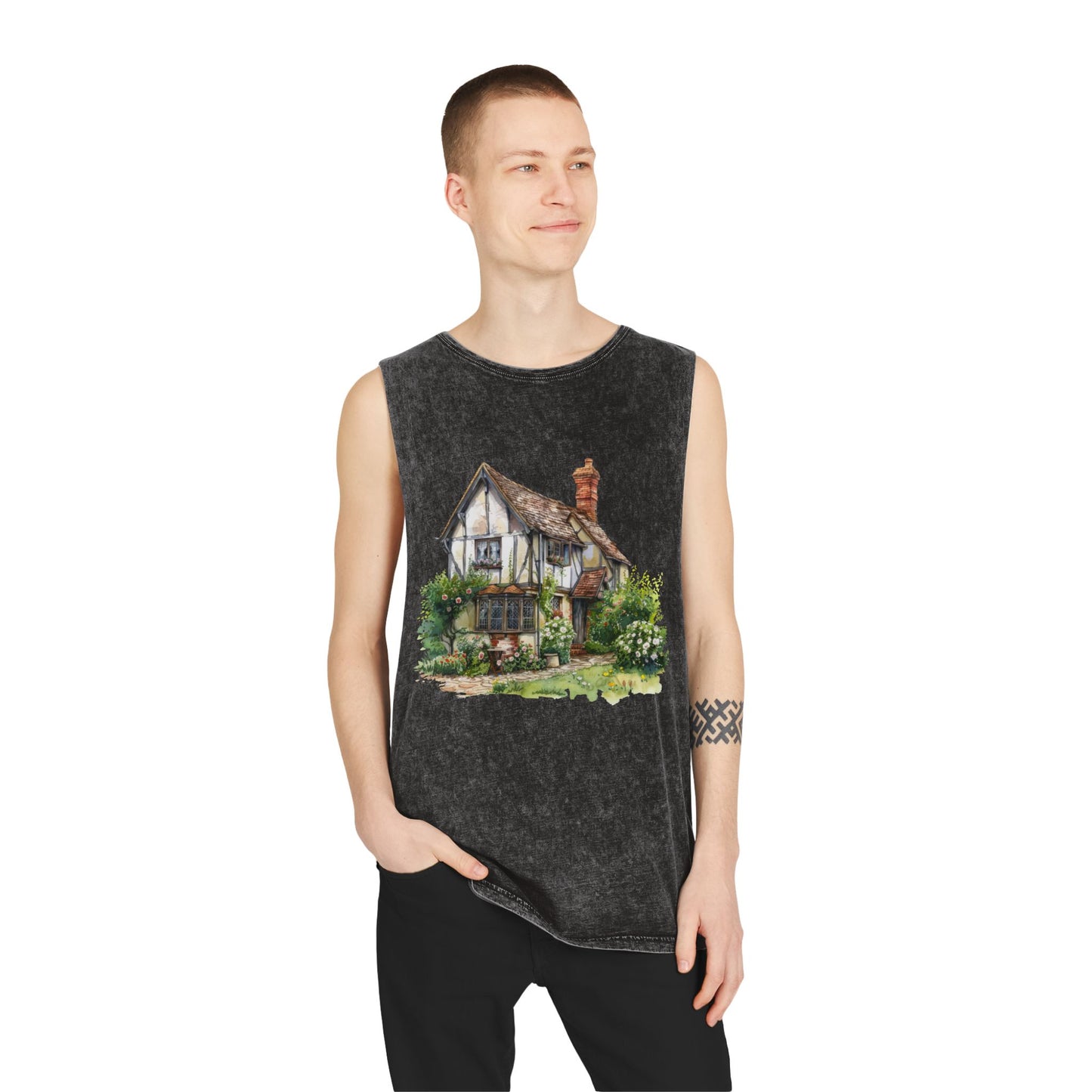 Unisex Stonewash Tank Top - Charming British House - Classic Design and Warmth