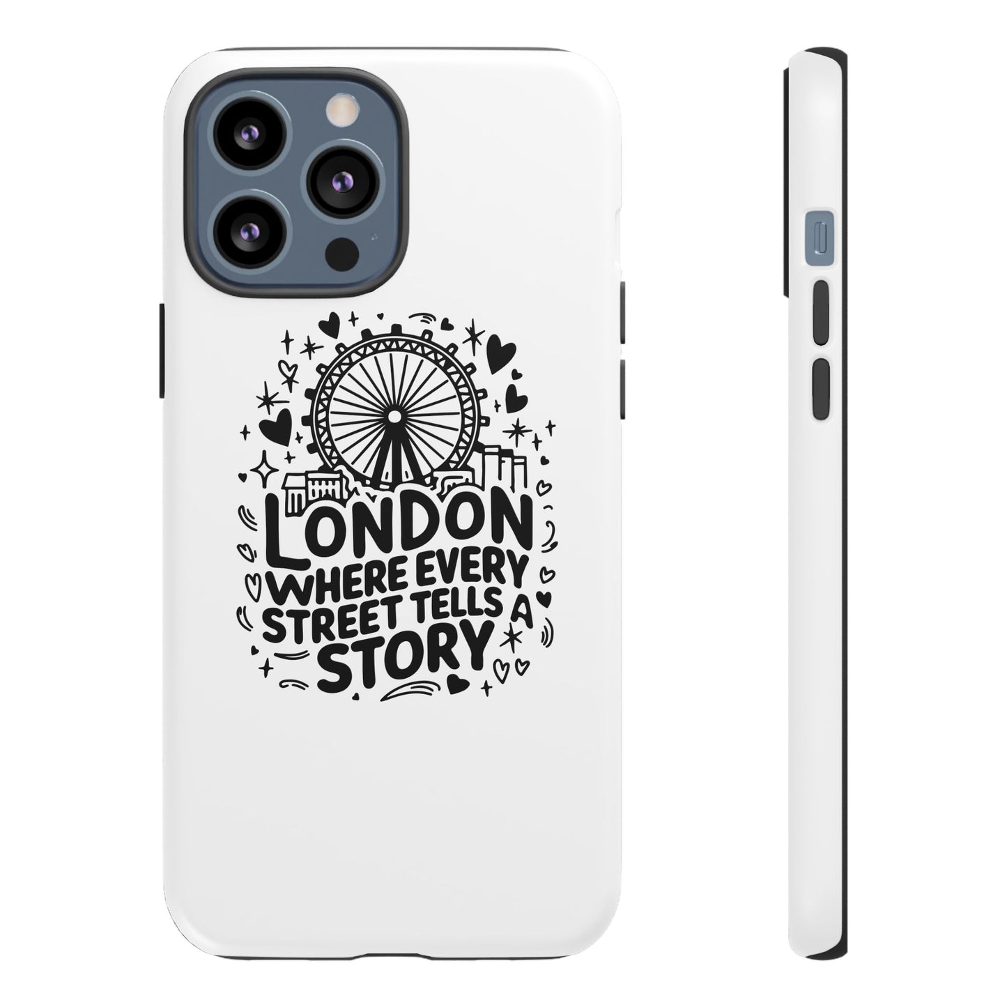 London Story Phone Case, Tough iPhone Cover, Gift for Travelers, London Souvenir, Black Typography Design