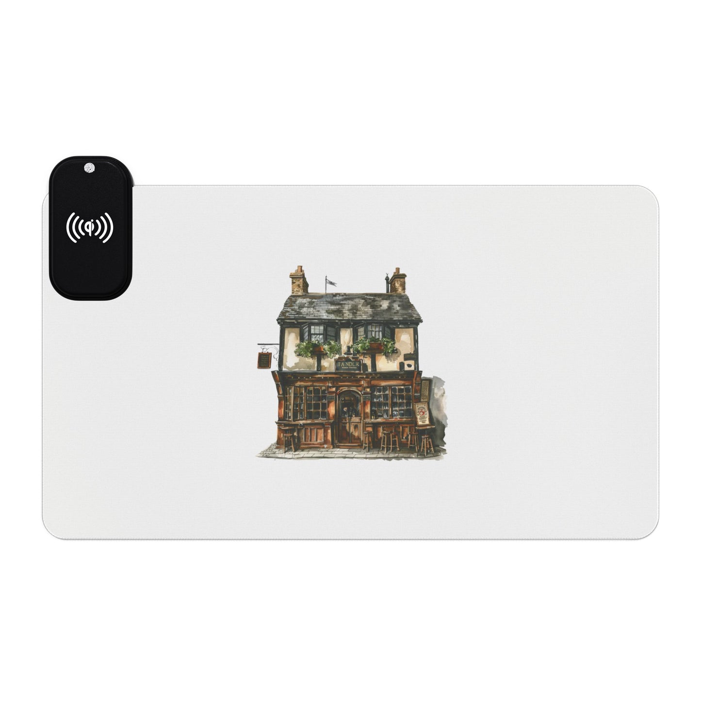 British Pub Exterior – Cozy Local Spot - LED Gaming Mouse Pad with Wireless Charging Station, Gamer Essentials, Desk Accessories, Tech Gifts, Modern Workspace