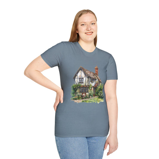 Unisex Softstyle T-Shirt - Rustic Retreat - The Quintessential British Village House