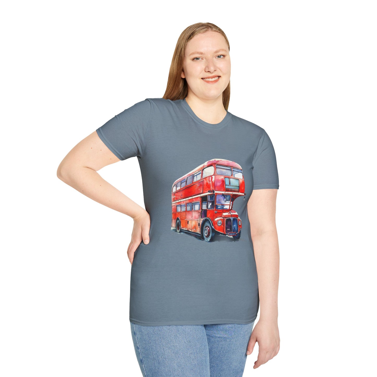 Unisex Softstyle T-Shirt - London Transport English Bus - Iconic Red Double-Decker