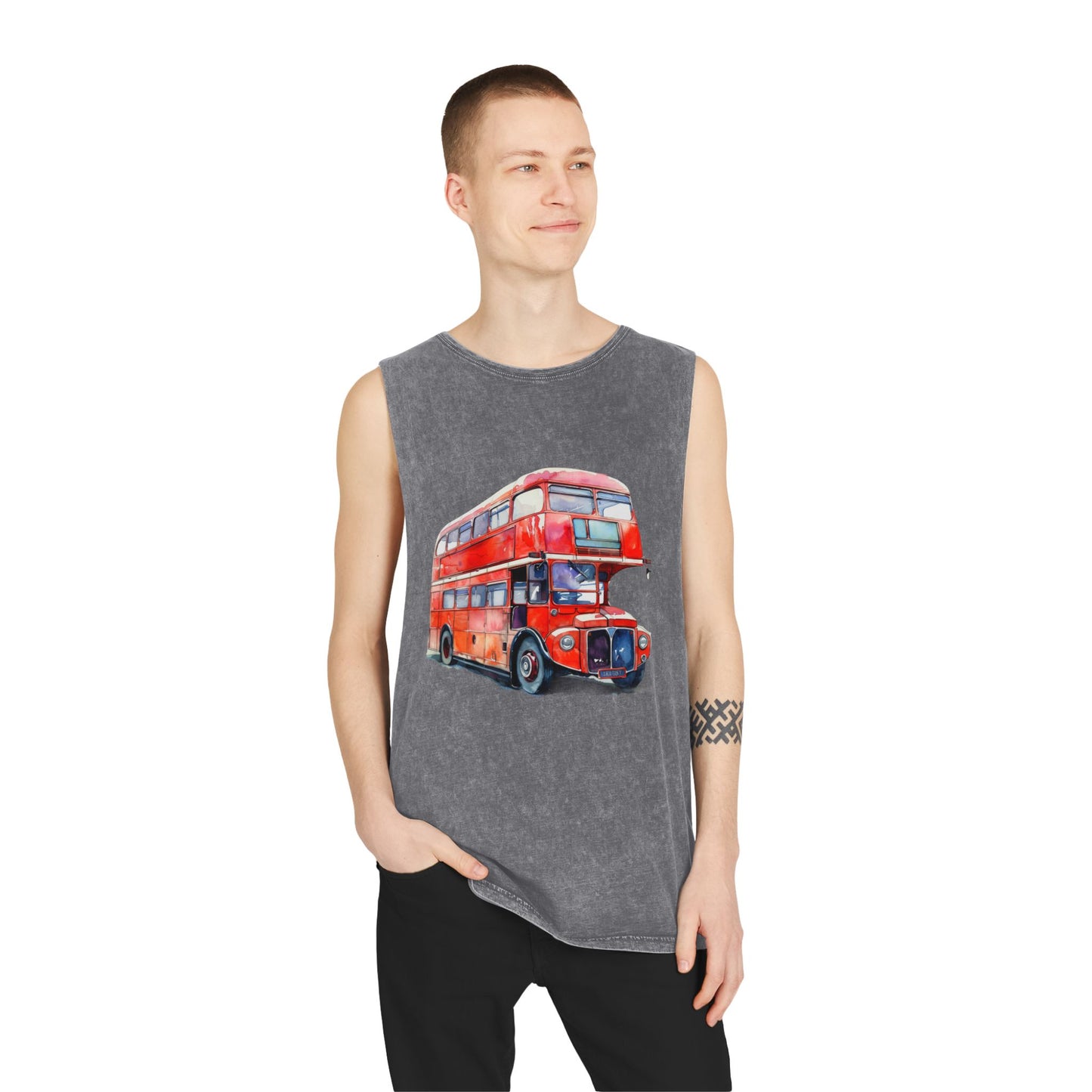 Unisex Stonewash Tank Top - London Transport English Bus - Iconic Red Double-Decker Design