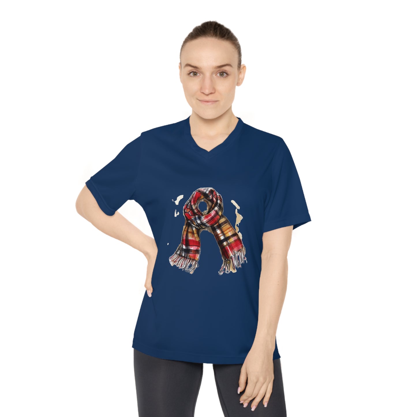 Women's Performance V-Neck T-Shirt - Perfect for Fall & Winter - Cozy Plaid Scarf - Timeless Style and Classic Elegance