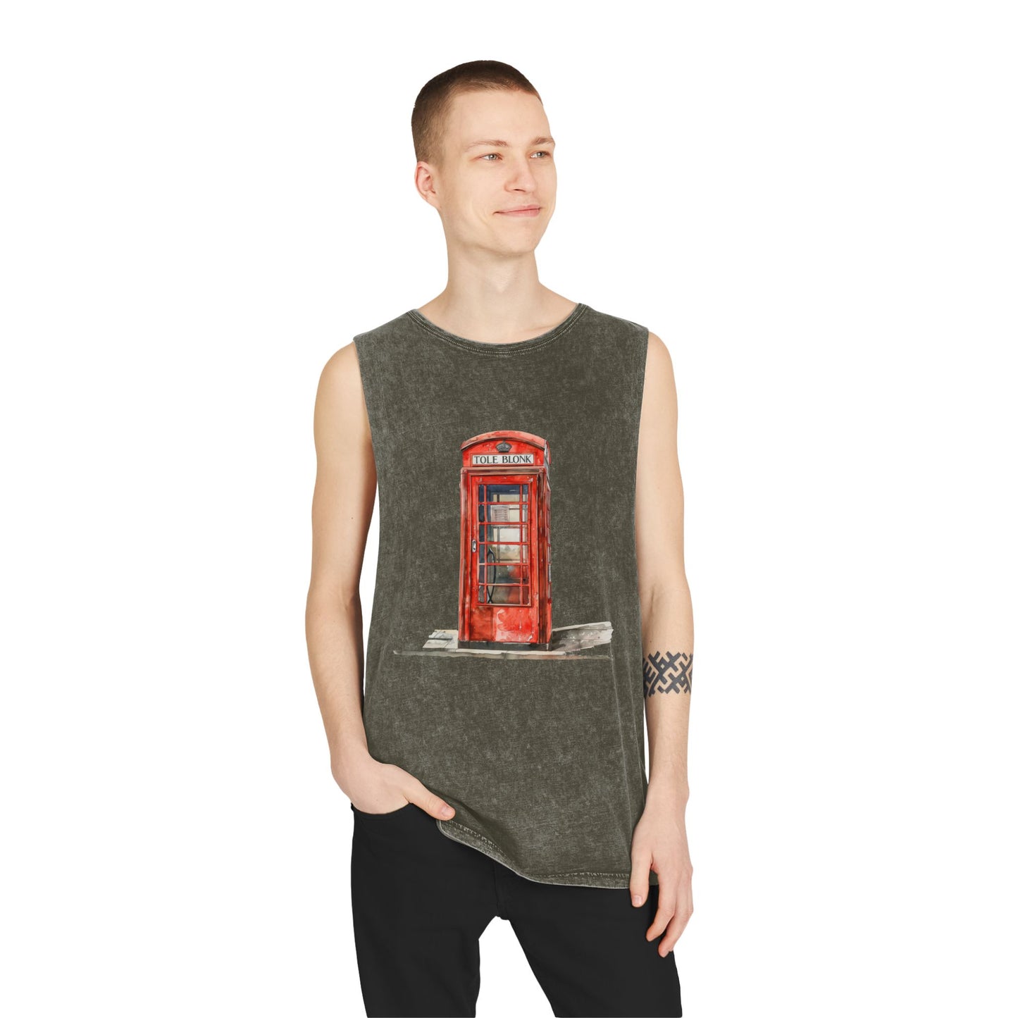 Unisex Stonewash Tank Top -  Iconic British Public Telephone - Classic Red Phone Box
