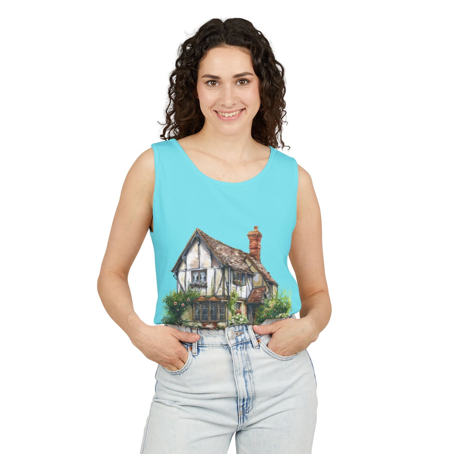 Unisex Garment-Dyed Tank Top - Charming English Cottage Illustration Print